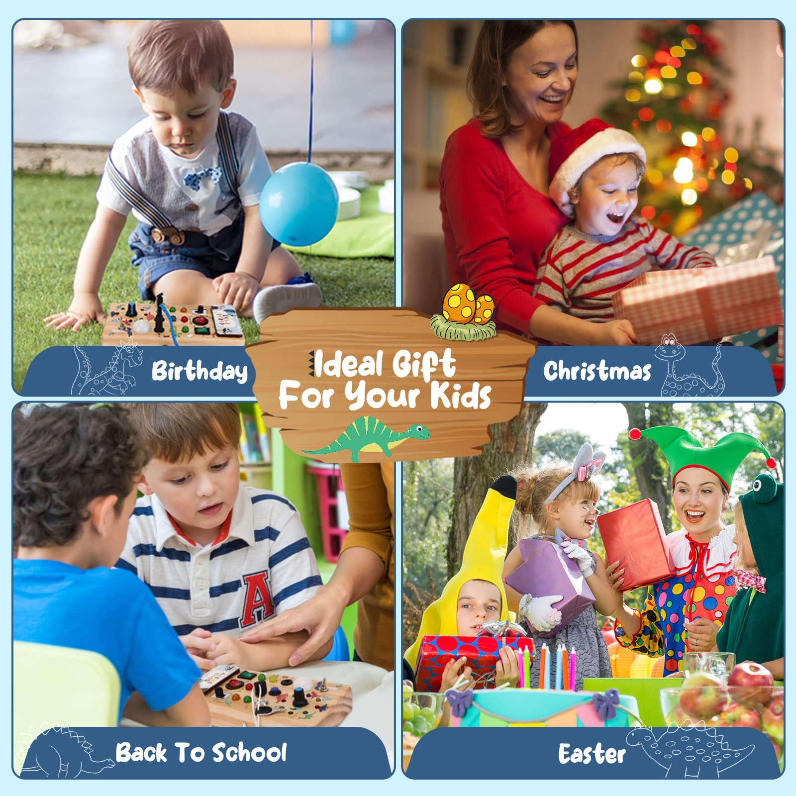 Dinosaur Light Switch Board 8 LED Switches, Sensory Montessori Toy