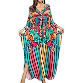 Yanziliu Women Kaftan Dresses Plus Size V-Neck Batwing Sleeves Beach Cover Up 2025 Summer Floral Print Caftan Dress