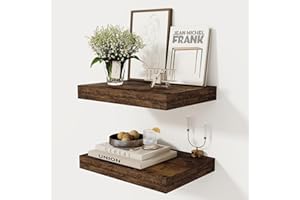 FUN MEMORIES 12 Inch Deep Floating Shelves, 16 x 12 Floating Shelf for Books, Rustic Wood Deep Wall Shelves for Home Storage & Display, 2" Thicked Shelves for Kitchen, Living Room, Bedroom, Rustic Brown, 2 Pack