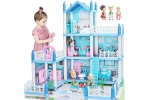GIRLDIARY Doll House for Girls 3 4 5 6 7 8 Year Old - 3-Story 6 Rooms Dollhouse with 3 Dolls Light Accessories Furniture and Play Mat, DIY Pretend Dream Dollhouse Toy Gift for Kids (20.5'' x 16'' x 18.7'')