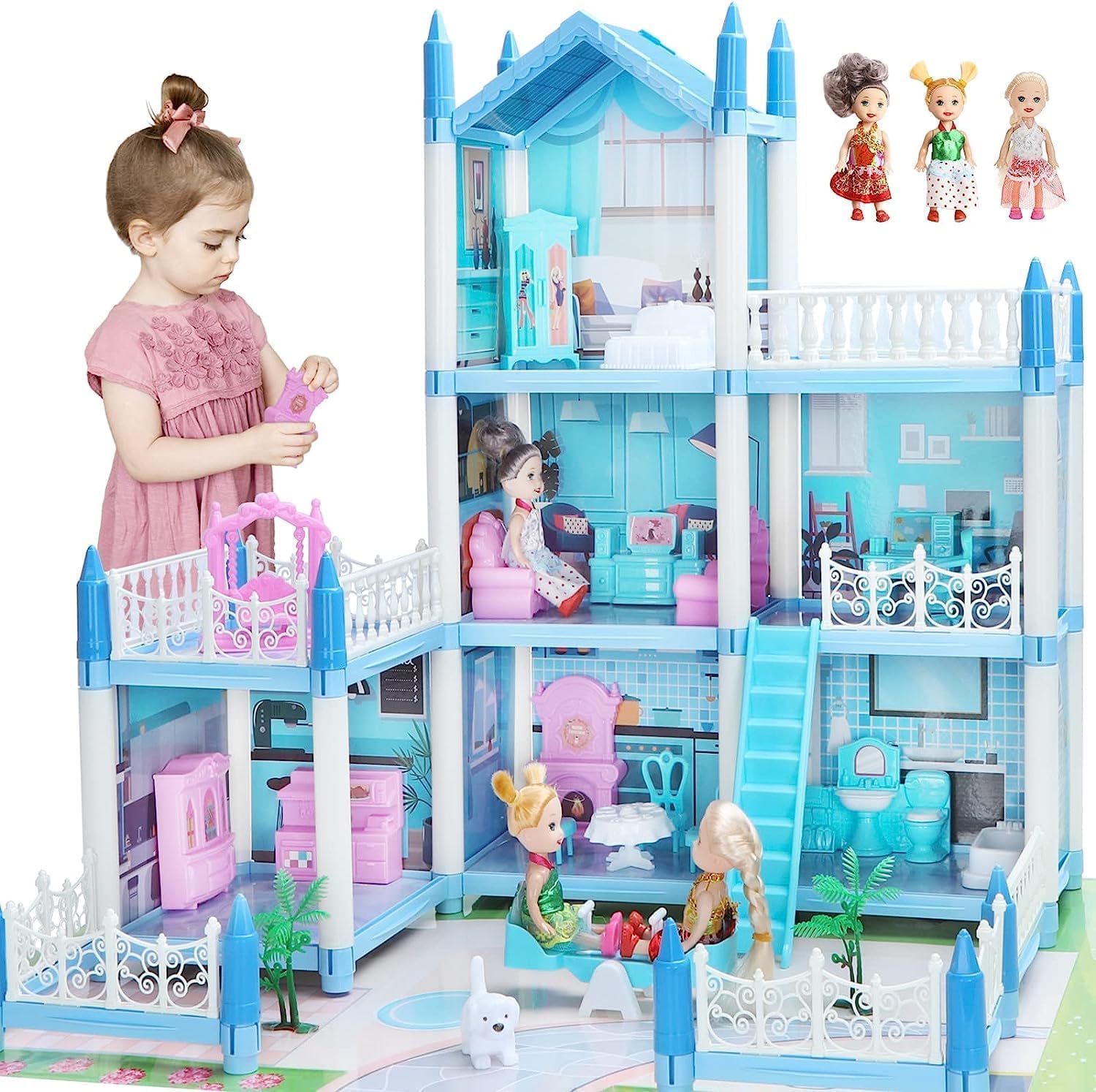 Photo 1 of Doll House for Girls 6 7 8 Year Old - 3-Story 6 Rooms Dollhouse with 3 Dolls Light Accessories Furniture and Play Mat, DIY Pretend Dream Dollhouse Toy Gift for Kids (20.5'' x 16'' x 18.7'')