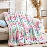 Smoofy Rainbow Throw Blanket for Couch – Ultra Soft Cozy Plush Fluffy Blanket with Faux Rabbit Fur, Fuzzy Lightweight Fleece for Sofa, Bed & Office, Gift for Women, Home Room Decor Throw 50"x 60"