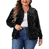 Agnes Orinda Plus Size Sequin Jackets for Women Sparkle Long Sleeve Front Zip Bomber Jacket with Pockets 3X Black