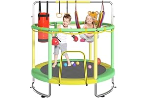 LOTATOOLS Trampoline for Kids, Upgrade Full Anti-Rust 440lbsToddler Trampoline with Net,Upgraded Ring Legs with Adjustable Gymnastics Bar&Toys, Gifts for Ages 1-8 Boys&Girls