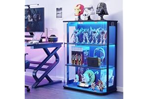 BROTTAR Rounded Display Cabinet with Glass Door, 3-Tier Curio Cabinet with 3 Color Lights for Collectibles, Glass Display Case with Transparent Full-Display Surface, Human Body Sensor, Black