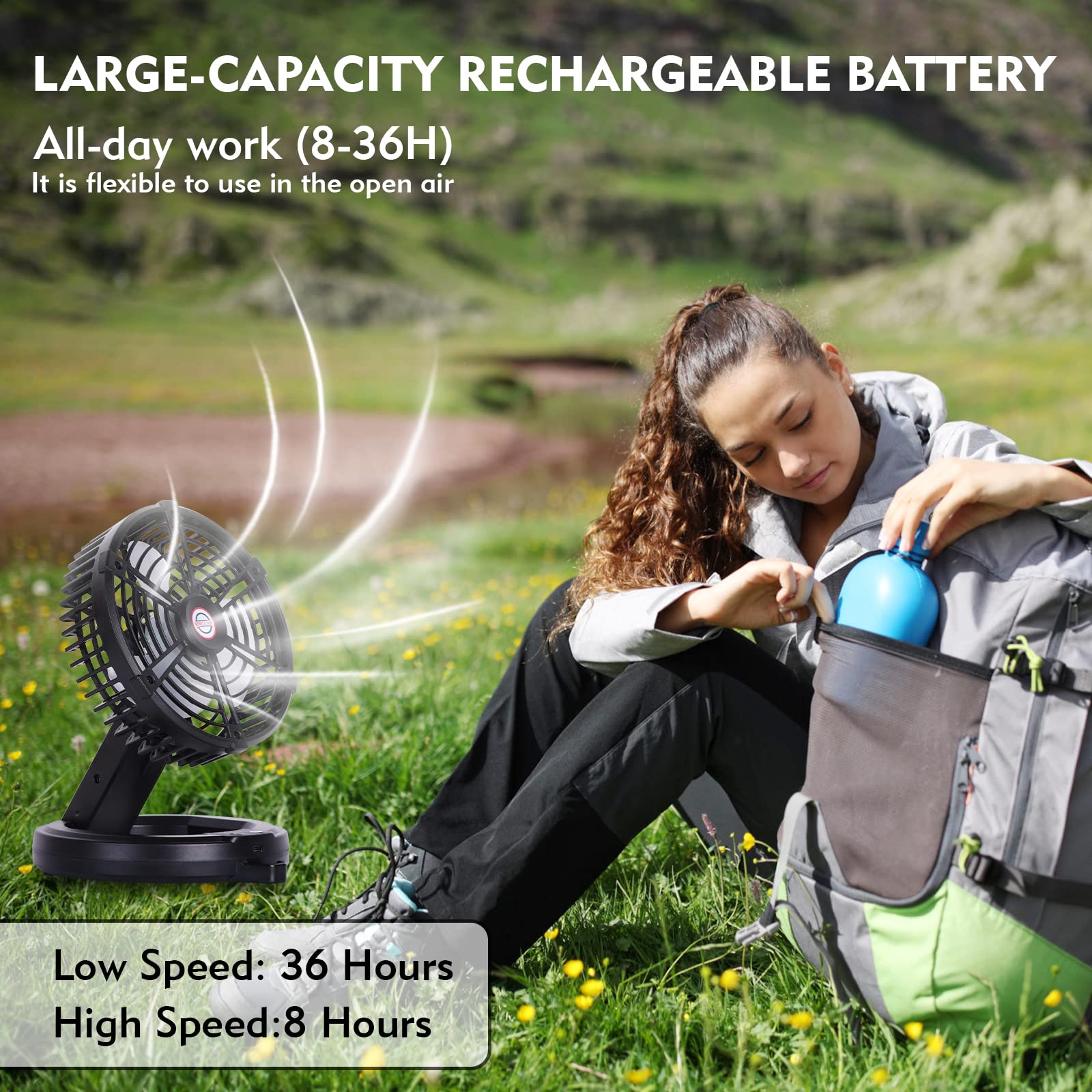 RUNTOP Portable Fan Battery Operated, Rechargeable Foldable Camping Fan with LED Light & Hanging Hook, USB Small Table Fans for Tents Travel, Home Office Bedroom,3 Speeds Battery Powered Desk Fans