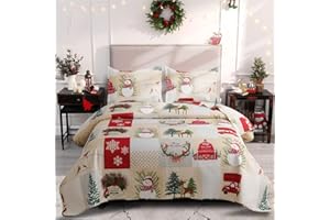 BELISTA Christmas Plaid Snowman Quilt Set Queen Size (90 x 90 Inches) Reindeer Cardinal Birds Xmas Tree Snowflake Car Holiday Bedding Sets, Red Vanilla Grid Coverlet Bedspread Bed Cover Bed Set with Shams