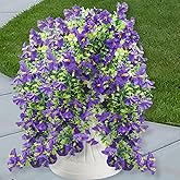 Vopie 4 Pcs Look Real Artificial Flowers for Outdoors, Artificial Hanging Flowers for Outdoors, UV Resistant Fake Hanging Plants Silk Petunia Flowers for Balcony Yard Spring Decor (Purple)