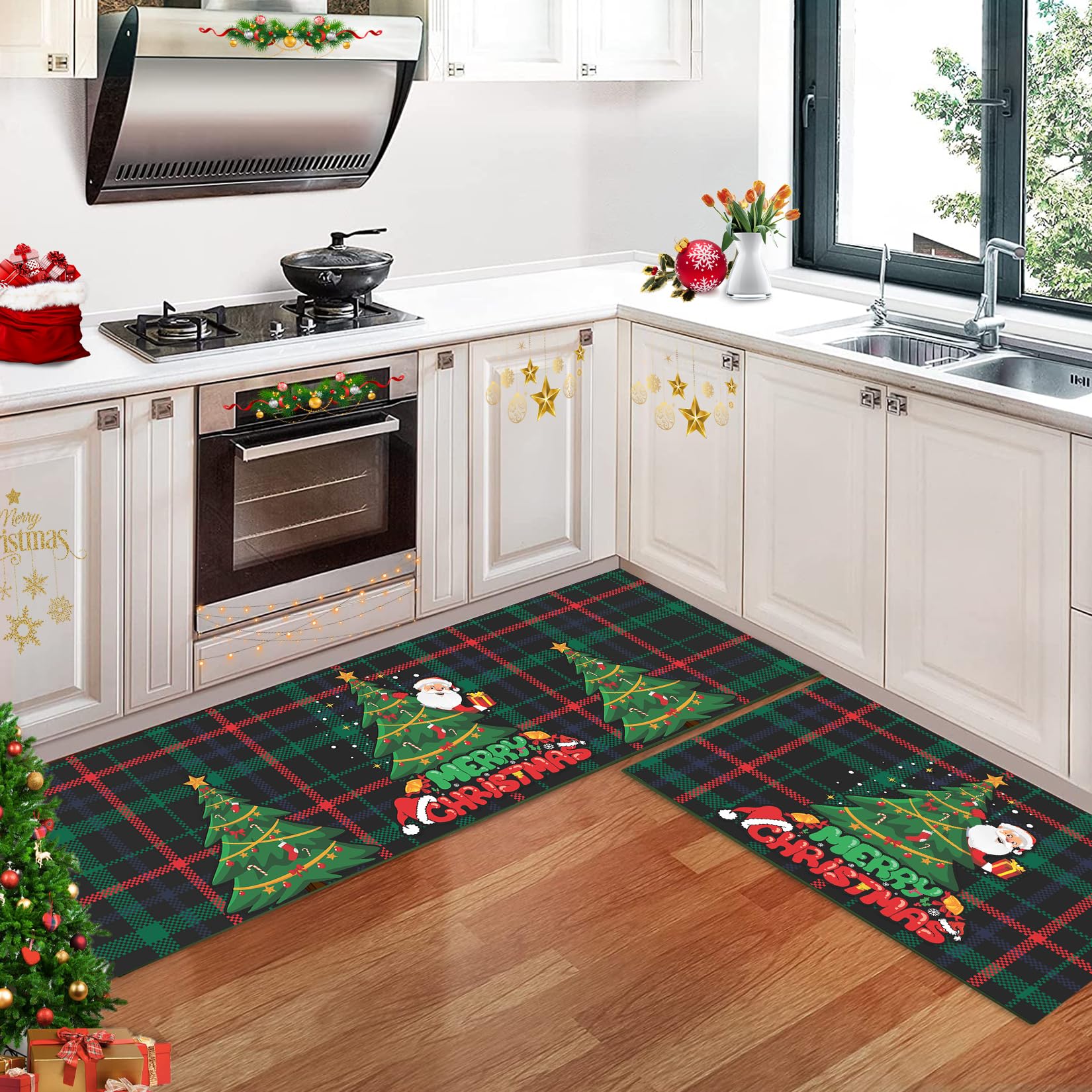 CAROMIO Xmas Trees Snowflake Christmas Tree Christmas Kitchen Mats Set of 2, Winter Decor Low-Profile Non-Slip Kitchen Rugs for Floor 40x60+40x120 cm Green