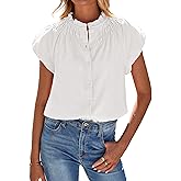 BTFBM Womens Casual Tops Dressy Summer Outfits 2025 Puff Short Sleeve Blouse Ruffle Neck Business Work Button Down Shirt