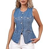 Ladyful Jean Vest Top for Women Sleeveless Button Down Denim Vest Crew Neck Fitted Western Waistcoat with Pockets