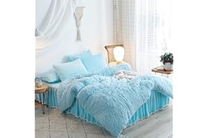 HAIHUA Fluffy Blue Comforter Cover Queen，Plush Light Blue Bedding Set 1 Pieces(1 Fuzzy Queen Duvet Cover) Shaggy Blue Bed Set (Blue, Queen)
