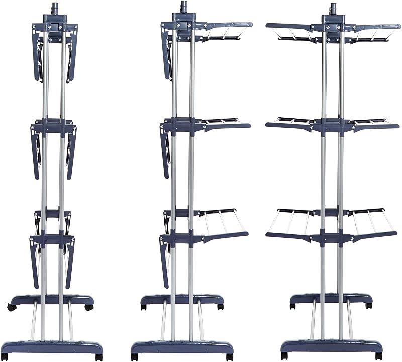 Tendedero tipo torre, para interior, con alas plegables, Plateado, 4-niveles, 126 x 64 x 173 cm (L x W x H) — foto 7 de 8