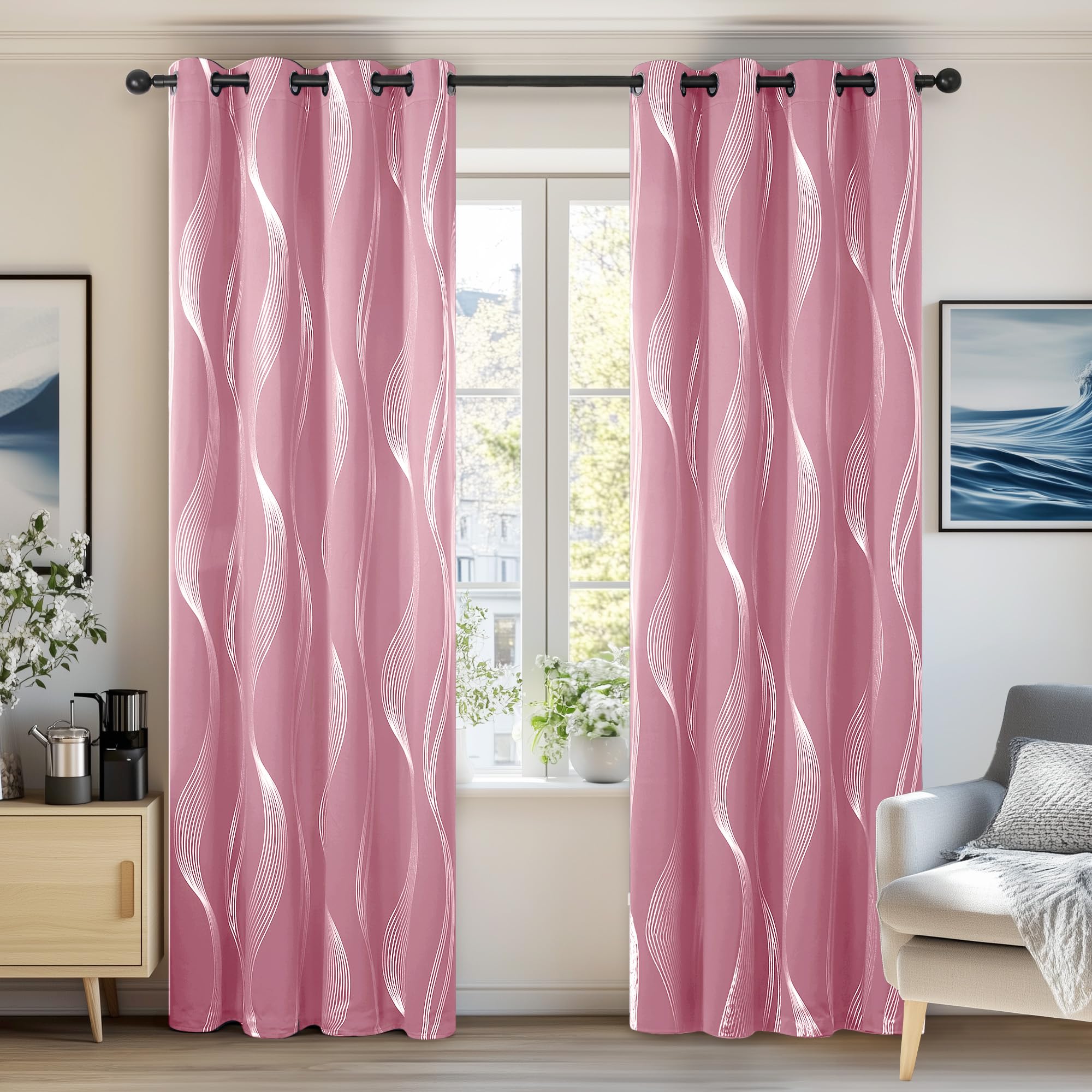 Deconovo Foil Printed Line Room Darkening Curtains Thermal Insulated Energy Saving Super Soft Eyelet Blackout Curtains for Bedroom 55 x 69 Inch Pink for Bedroom 2 Panels