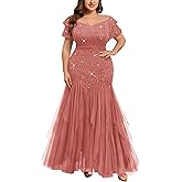 MISSMAY Women's Plus Size V-Neck Off Shoulder Sequin Lace Tulle Mermaid Evening Wedding Dress