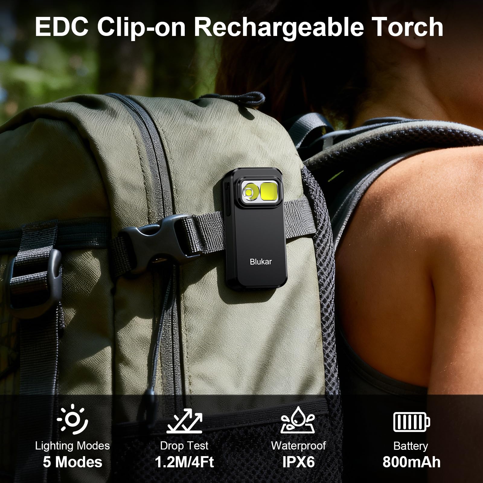 Blukar Taschenlampe LED Aufladbar, 800L Mini Clip LED Taschenlampen mit Flutlicht & Spotlicht & Rotlicht, EDC Hell Flashlight mit 5 Lichtmodi, Wasserdicht und Lange Dauer für Camping Outdoor Notfäll 2