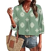 LOMON Womens 3/4 Sleeve V Neck Boho Peasant Blouses Dressy Casual Breathable Soft Tunic Tops with Button Cuffs