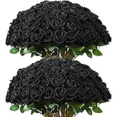 DuHouse 50Pcs Fake Black Roses Artificial Flowers,Fake Velvet Rose Bulk, Artificial Roses Bouquet with Long Stems for Wedding Party Arrangement Centerpiece Decorations(Black)