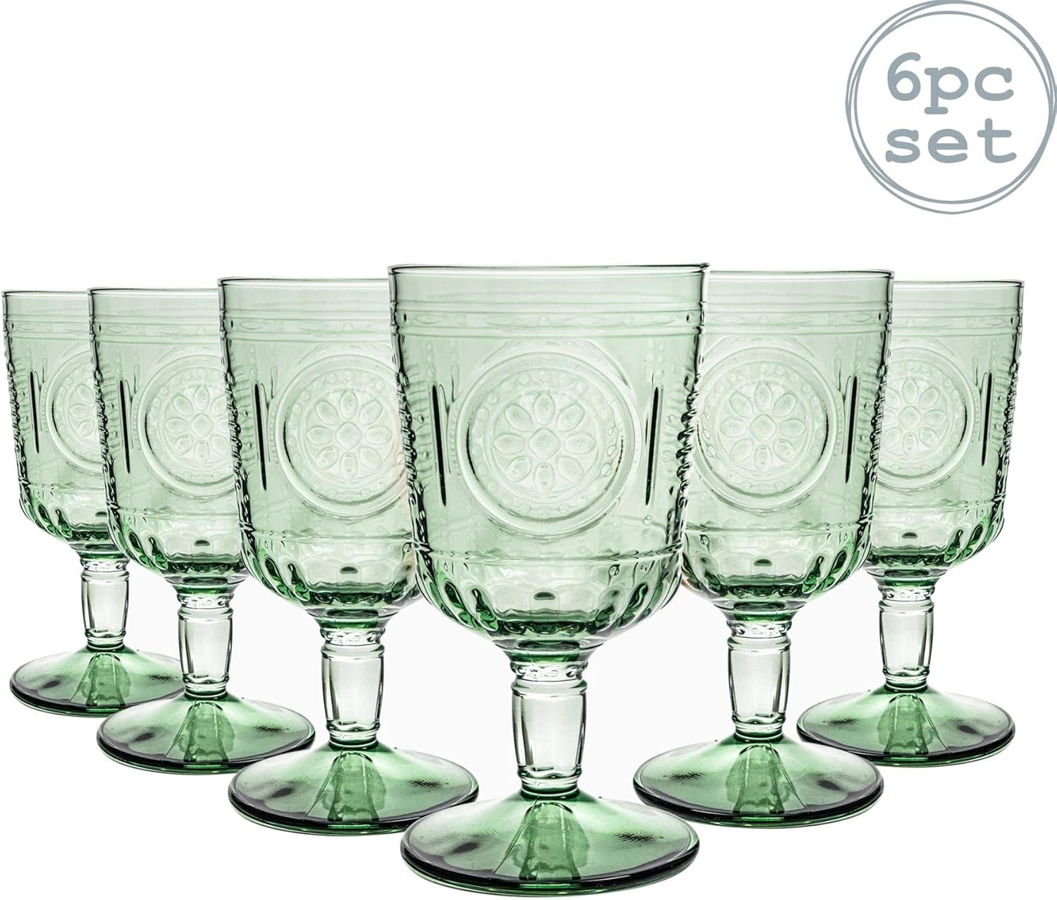 Bormioli Rocco Romantic Wine Glasses Set Vintage Italian Cut Glass Goblets 320ml Green