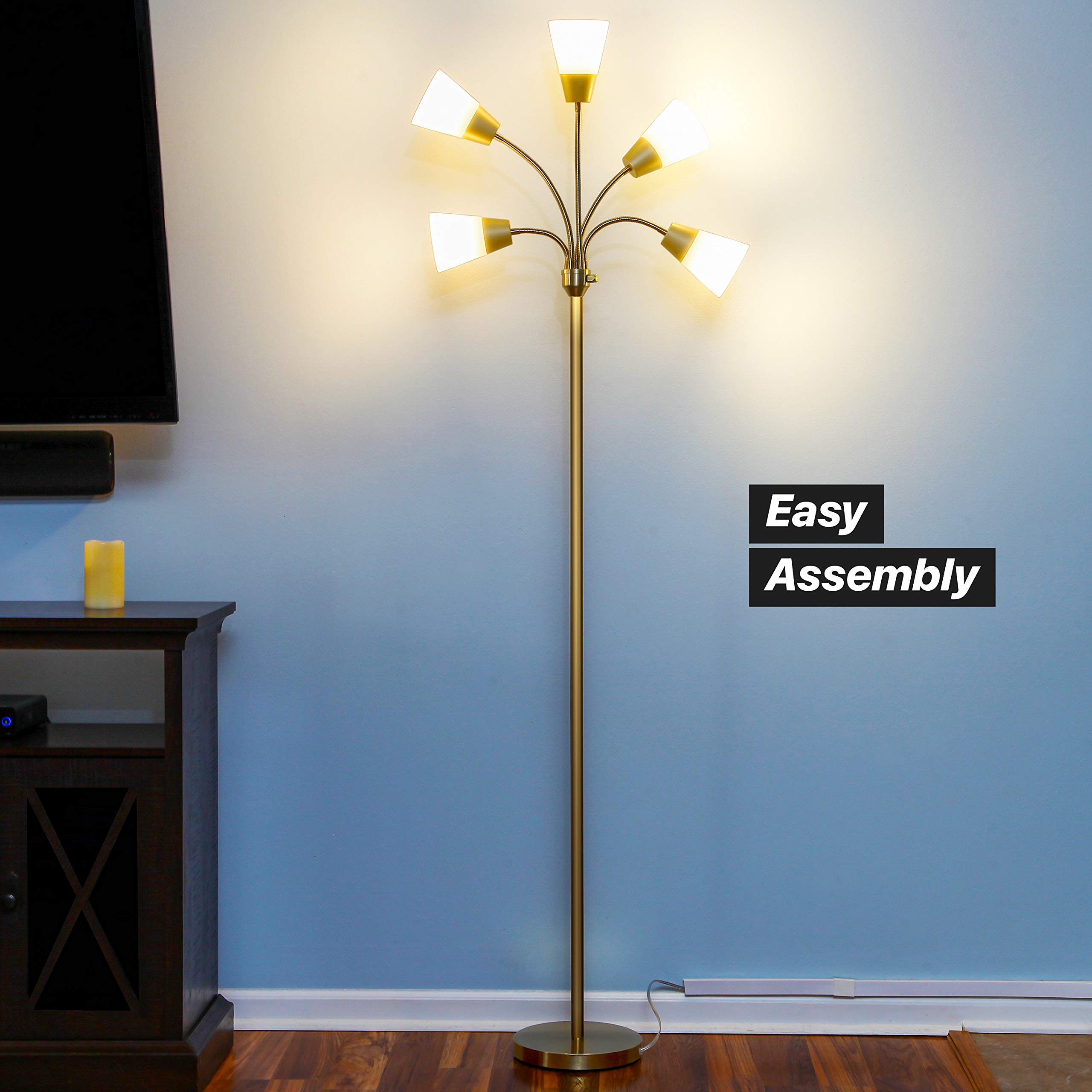 Brightech Medusa Modern LED Floor Lamp – Multi Head Floor Lamp for Living Rooms & Offices – Tall Lamp with Interchangeable Shade, Standing Lamp with 5 LED Bulbs for Hobbies - Brass