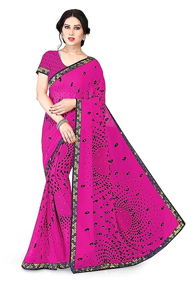 Womens Faux Georgette Regular Printed Saree Having Stone Work & Lace Border Style With Matching Blouse Piece (11434 - Pink - Free Size)