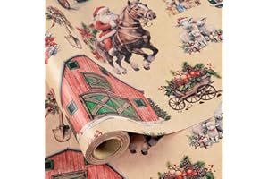 RUSPEPA Kraft Christmas Farm Wrapping Paper Roll, Mini Roll, Santa on Horse, Tractor, Red Barn, Farm Animalsand Christmas Dec