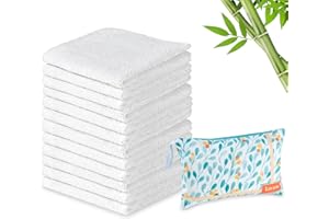 Lavien Home 12 Pack Bamboo Washcloths White with Multi-Purpose Clutch Bag, Ultra-Soft Absorbent Towels for Face, Body, Shower, Make-Up, Baby, and More, Reusable Wipes, 10"x10" (White)