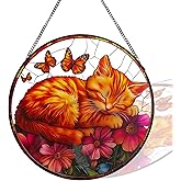 ZUSANG Cat Pattern Suncatcher Stained Glass for Kitty Lovers, Stain Glass Windows Hanging 9.8'' Painted Sun Catcher Hangings Sleeping Cat Home Decor Gift for Women
