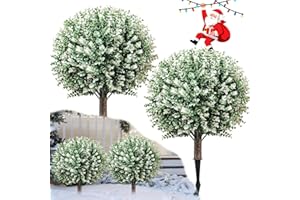 YUGYUM 2 Pack Christmas Artificial Topiary Tree Outdoor, 24'' Xmas Ball Tree,Fake Boxwood Topiaries with Spike,Faux Plants for Planters Urn Filler, Porch Potted Entrance Driveway Xmas Decoration-White