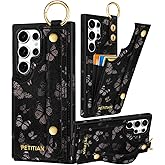 Petitian for Samsung Galaxy S25 Ultra Case with Wallet - Women Girls Cute Girly Aesthetic Unique Design Leather Credit Card Holder Cardholder Stand Wristband for S25 Ultra, Black Butterfly