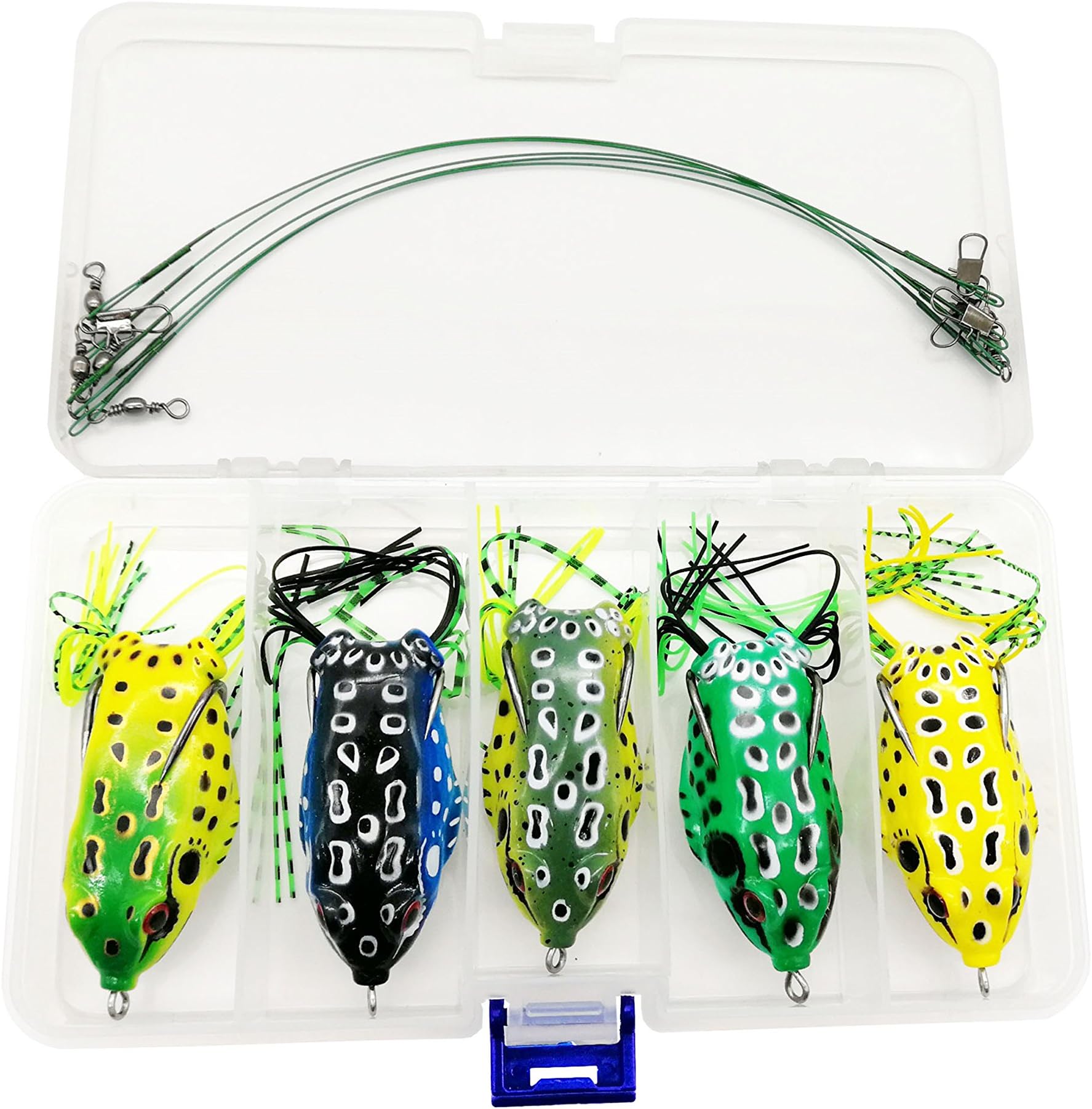 5PCS Topwater Frog Lures Kit,Frog Lures Bait Set Lots for Bass Trout Salmon with 5PCS Fishing Leaders,Free Tackle Box