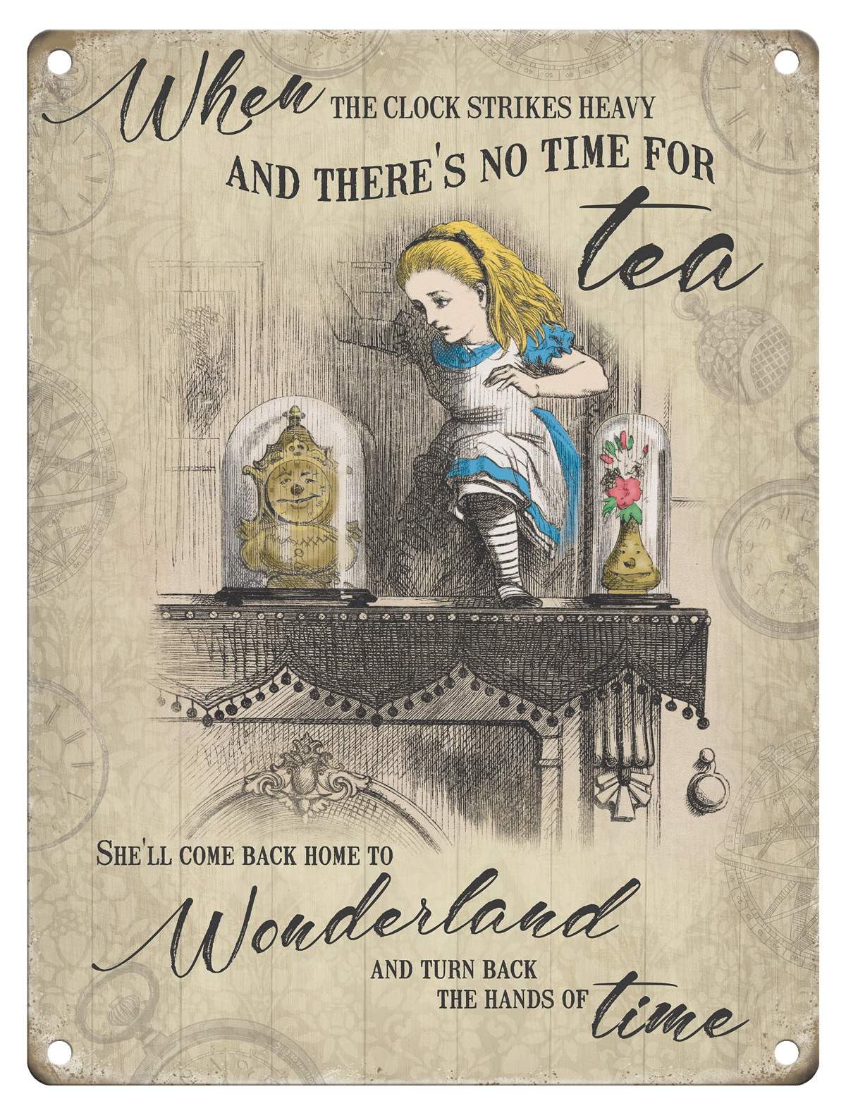 Small (150 x 200mm) Metal Sign - Alice in Wonderland (Clock Strikes Heavy)