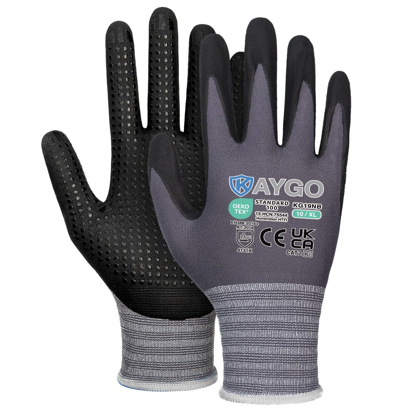 KAYGO Work Gloves with Grip Dots on Palm for Anti-Slip 3 Pairs, KG19N, MicroFoam Nitrile Coated Light Oil Compatible, Seamless Knit Nylon Safety Work Gloves for Warehouse, Automotive, DIY (Grey, XL)