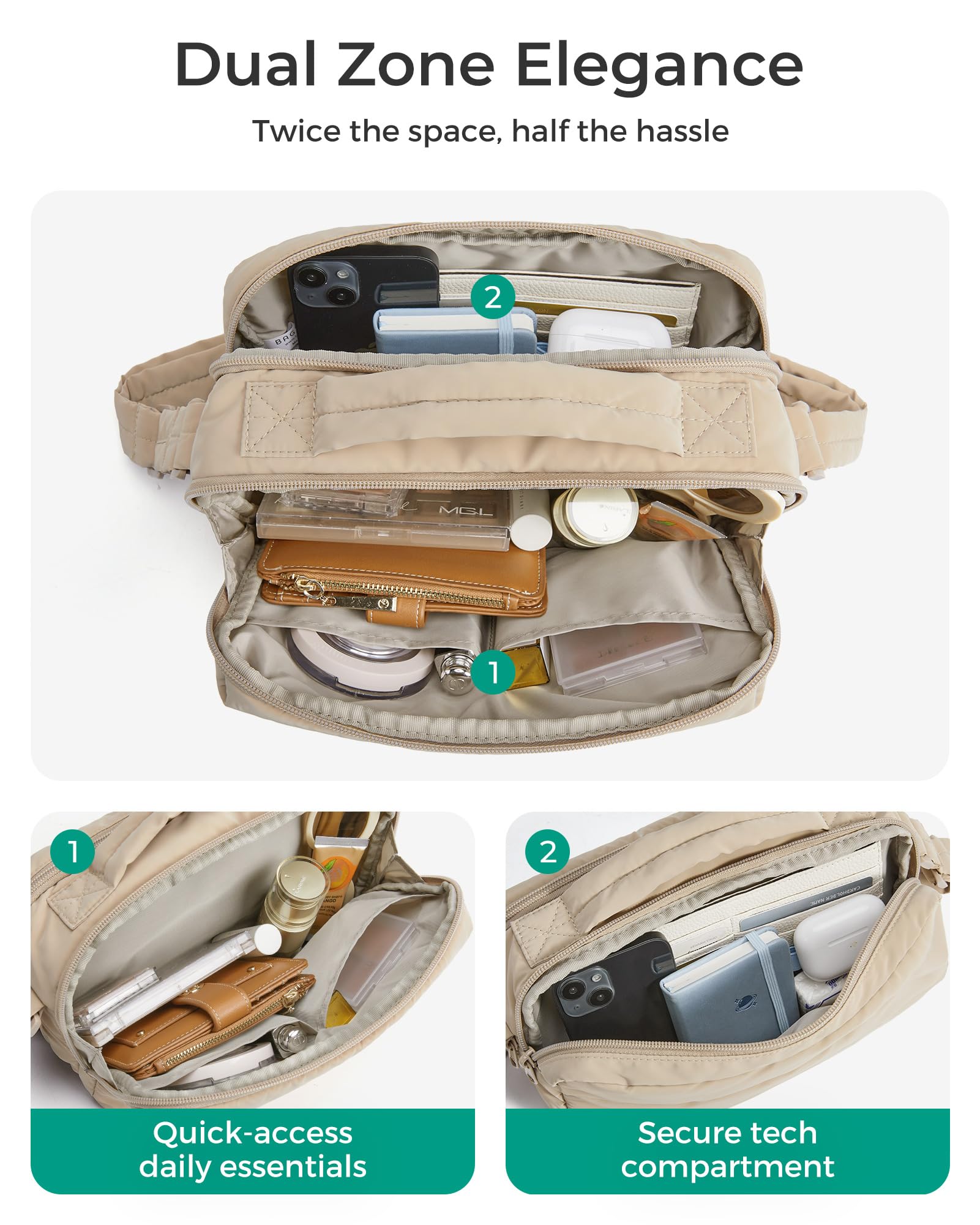 BAGSMART Travel Crossbody Purses for Women, Small Water Bottle Cross body Bag, Puffy Hobo Handbag with Water Bottle Pocket