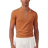 Kallspin Men's Vintage Knitted Polo Shirt Short Sleeve Solid Collared Golf Shirts with Button