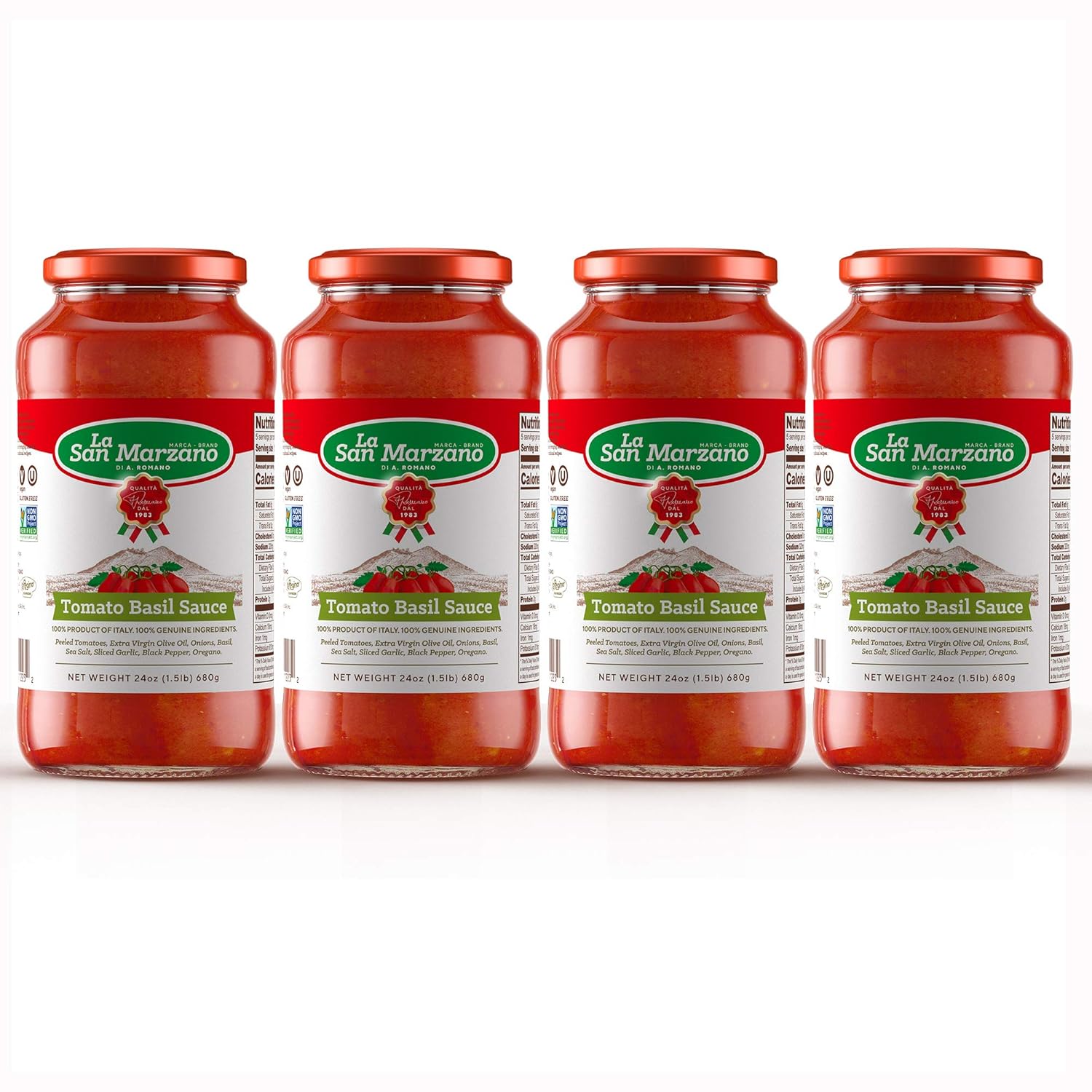 Tomato and Basil Classic Pasta Sauce La San Marzano 100% Product of Italy 24 Ounce Jars - 100% Genuine Ingredients With San Marzano Tomatoes (Pack of 4)