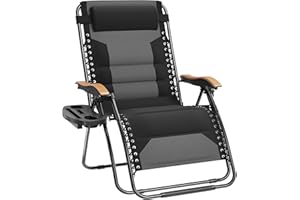 PHI VILLA XXL Oversized Padded Zero Gravity Chair, Foldable Patio Recliner, 30" Wide Seat Anti Gravity Lounger with Cup Holder, Support 400 LBS (Black)