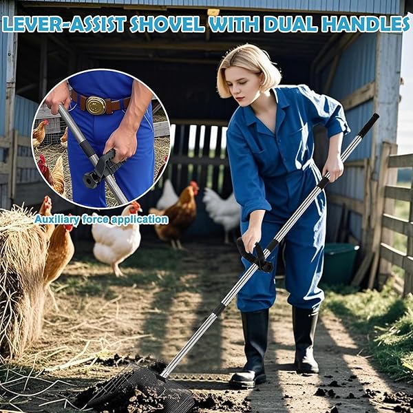 EVDKC 15″ LARGE CHICKEN COOP SCOOPER FOR SAND – HEAVY DUTY STAINLESS STEEL POOP SCOOPER WITH 38-64″ TELESCOPING HANDLE – ADJUSTABLE POULTRY MANURE RAKE & SIFTER SHOVEL FOR EASY CLEANING