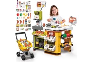 deAO Grocery Store Playset with Kids Shopping Cart,66 PCS Supermarket Playset,Pretend Play Cash Register,Play Food, for 3 4 5 Kids