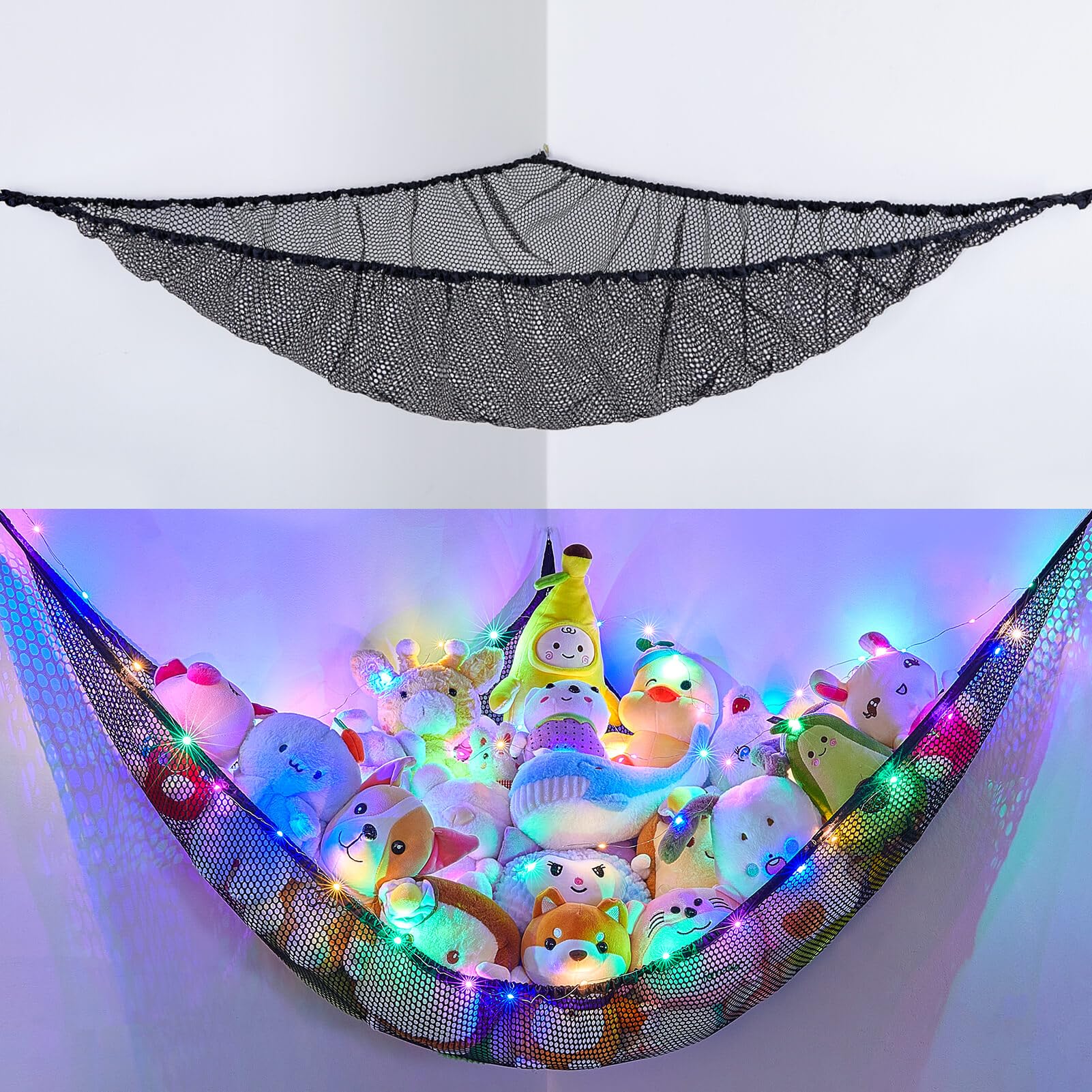 BeBeJoJo Stuffed Animals Storage with LED Light Toy Hammock Corner Room Decor Kids Toy Storage Organizer Wall Decor Net for Stuffed Animals