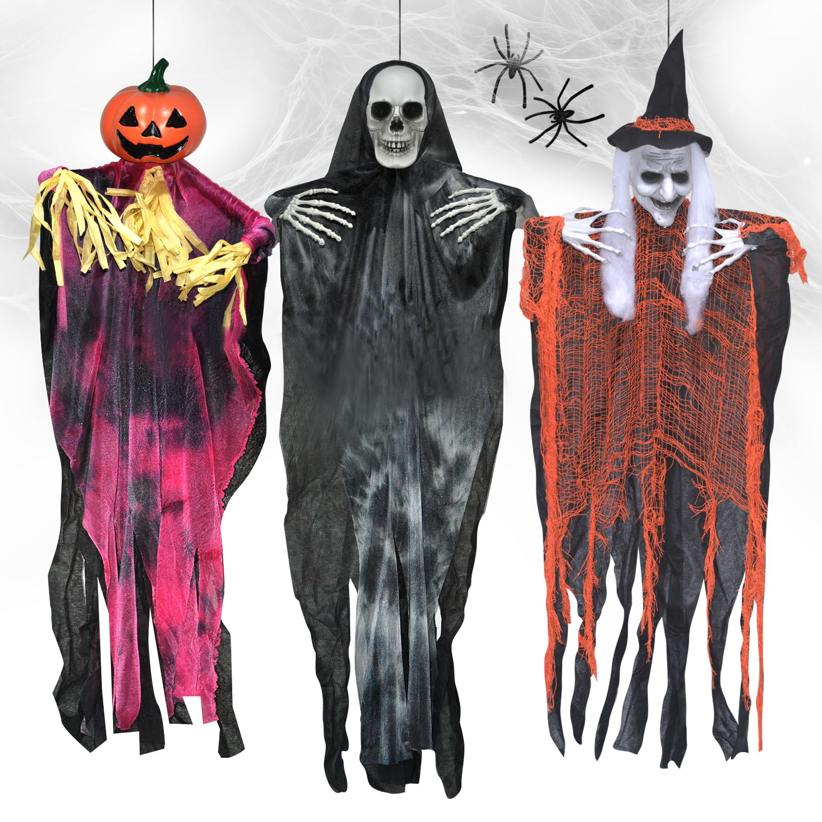 Photo 1 of 3 Pack 50'' Hanging Halloween Decorations Outdoor Indoor, Hanging Skeletons Pumpkins Witch Scary Halloween Decor with Spider Web for Porch Tree Yard Graveyard Garden Lawn Haunted House Creepy Decor