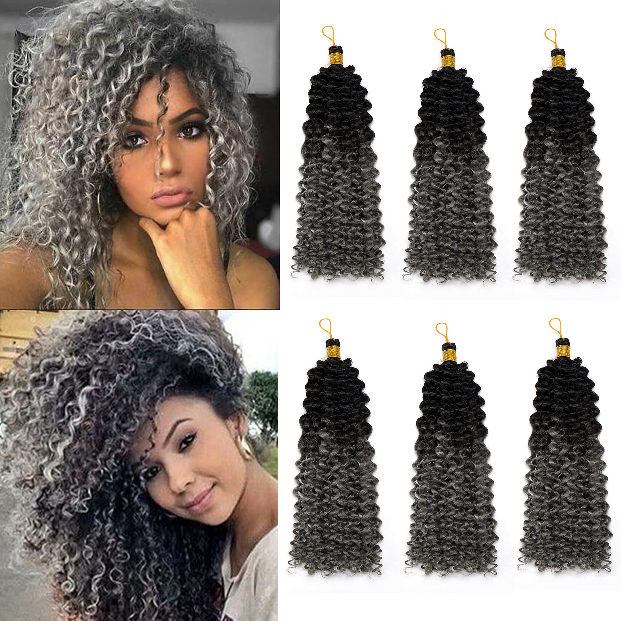 Marlybob Crochet Braids Hair Extension 14 Inch Deep Water Wave Braiding Hair Kinky Curly Afro Jerry Curl Marley Bob Twist Braid Hairpiece Synthetic Hair Extension 6 Bundles Black to Grey