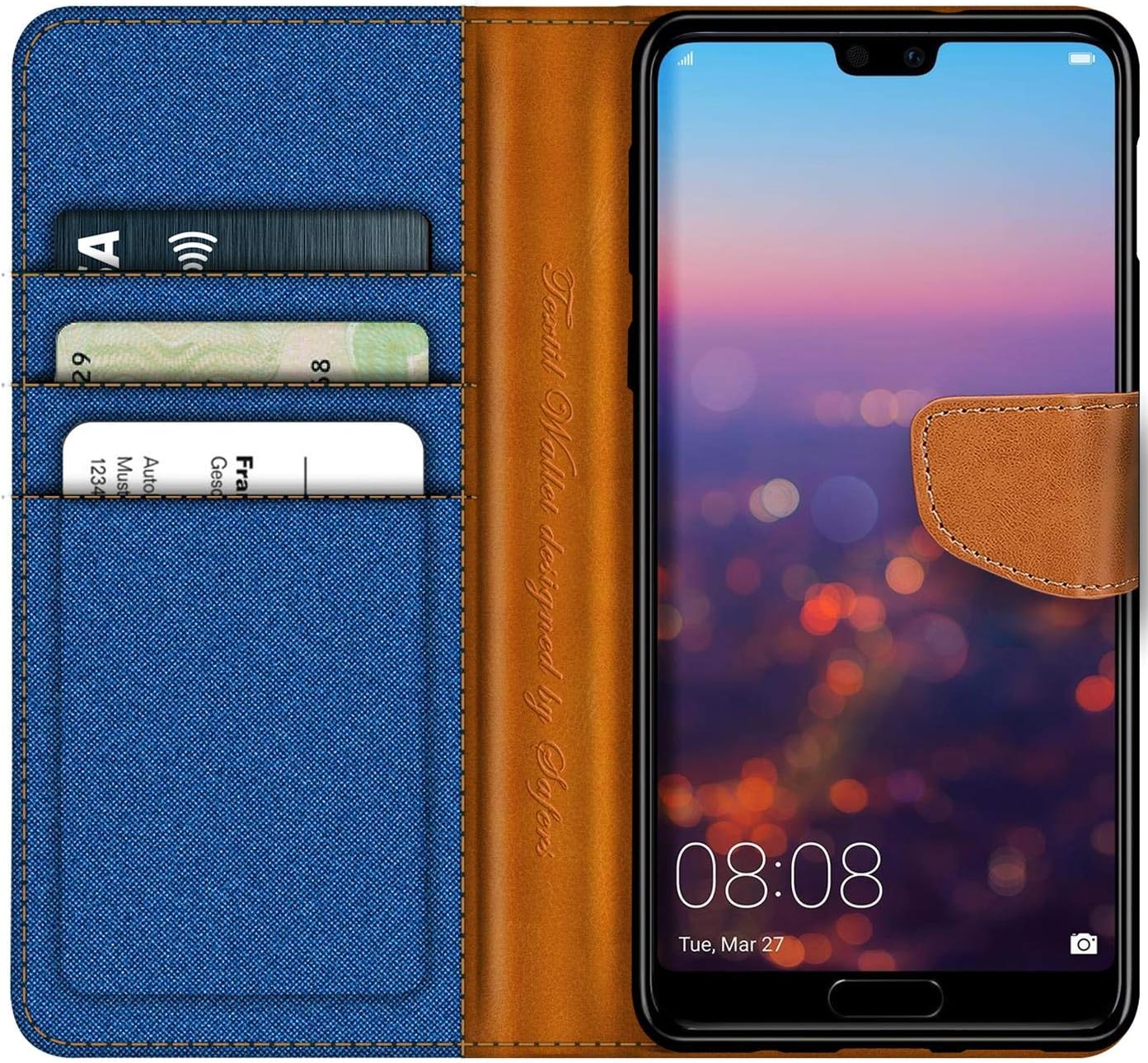 Verco Phone Wallet Case compatible with the Huawei P20, Canvas Faux Leather Book Cover for the P20 Flip Case Bag Hinged - Blue - Image 3