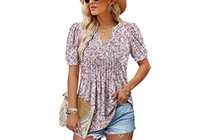 ROSELINLIN Womens Short Sleeve Shirts Loose Summer Floral Tunic Tops