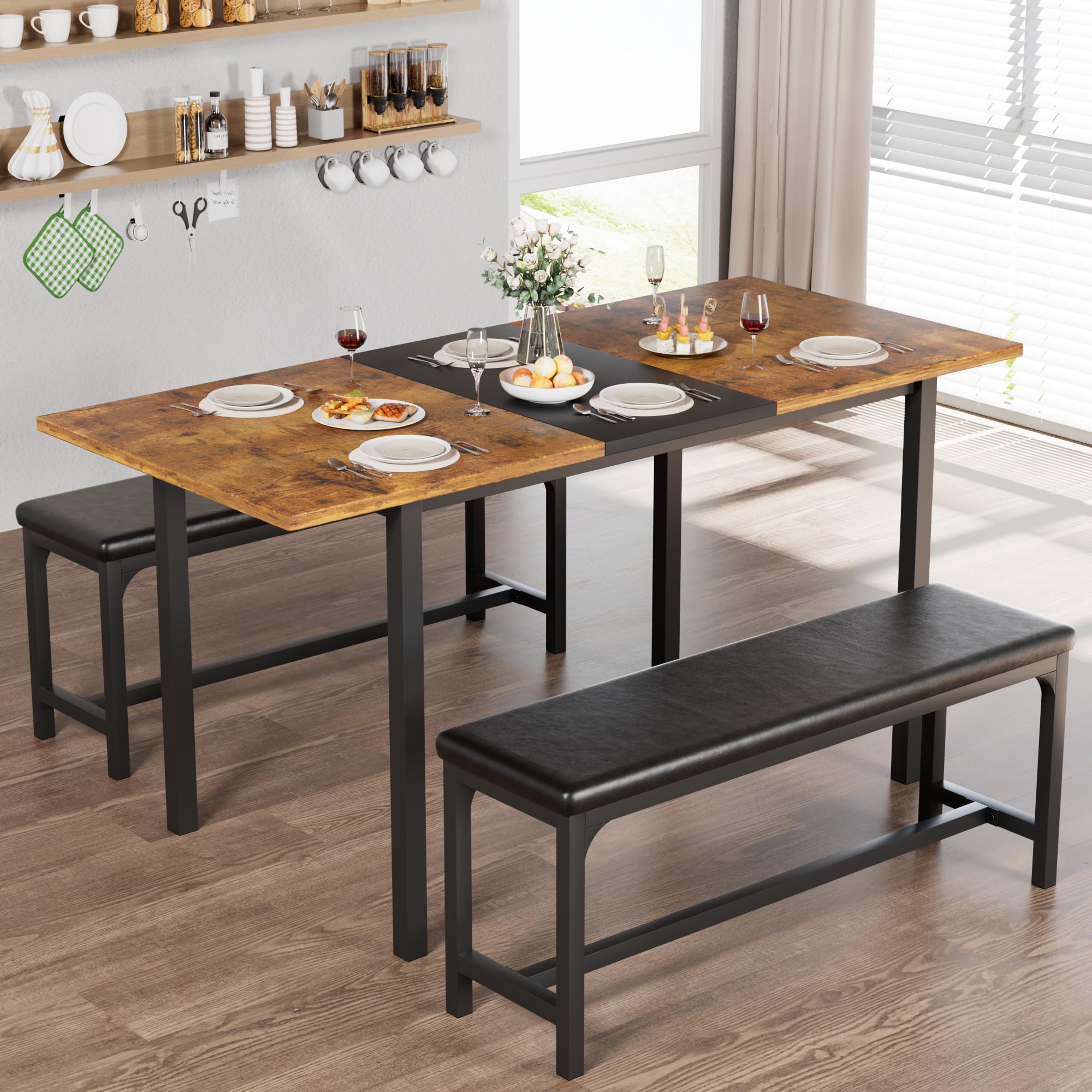 Photo 1 of VECELO 3-Piece 63" Extendable Kitchen Table with Benches/Chairs, Modern Breakfast Dinette/Dining Room Set for 4/6/2, Small Space Saving Design, Easy Assembly