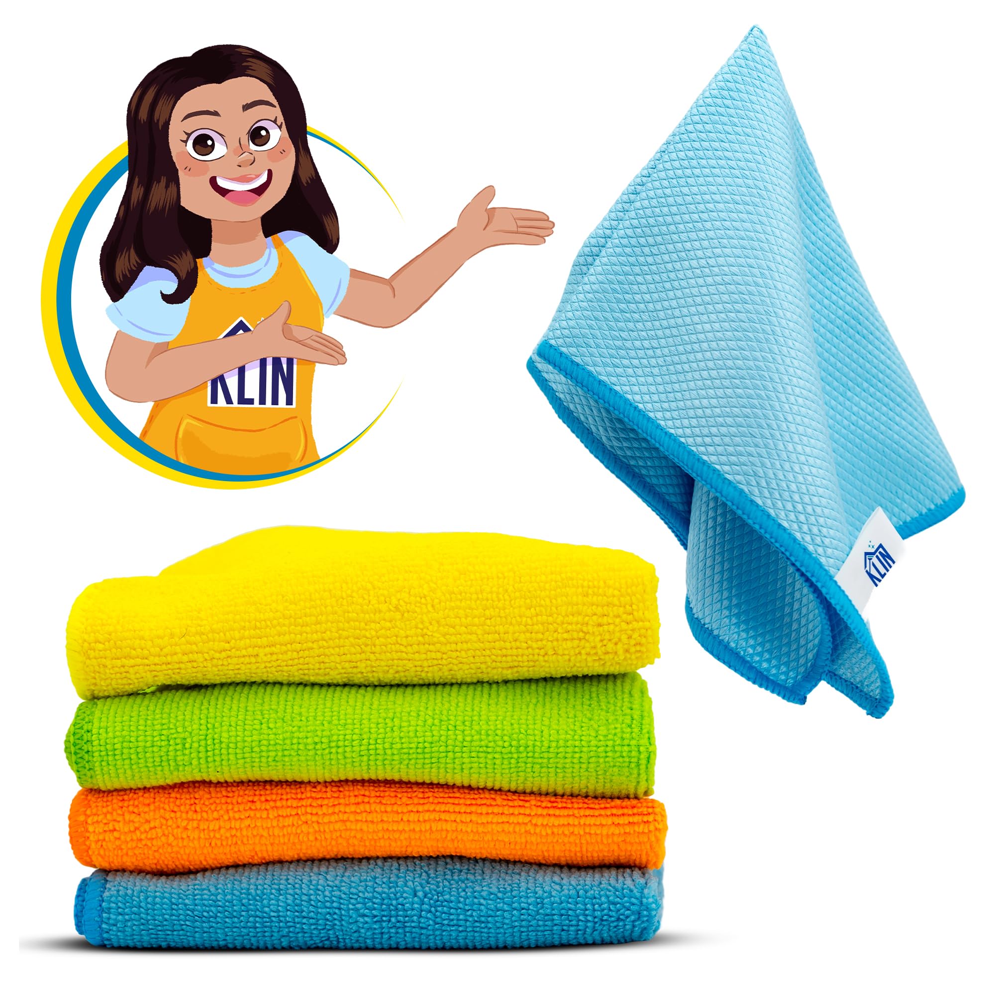 KLIN Large Microfiber Cleaning Cloths with Scrubbing Towel, 13 pcs. Set, Soft, Absorbent, Non-Abrasive, and Lint Free for Kitchen Counters, Bathroom Surfaces, and Car Interior (30 x 30 cm)