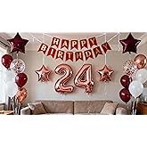 24th Birthday Party Decorations Rose Gold for Women, Birthday Banner Rose Red Number 24 Balloons Star Foil Balloons 24th Birthday Confetti Balloons for Women 24 Years Old Birthday Party(24th)