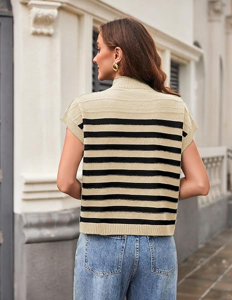 GRACE KARIN WOMEN’S STRIPED SWEATER VEST SLEEVELESS MOCK NECK CAP SLEEVE KNIT SWEATER TOPS BUSINESS CASUAL OUTFITS APRICOT BLACK L