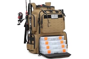 BISKLNDN Tactical Fishing Backpack with Tackle Boxes, Rod Holders & Bottle Holder, 50 L Large Insulated Fishing Tackle Box Backpack with Cooler, Fishing Bag Store Gear & Equipment, 900 D Oxford, Brown