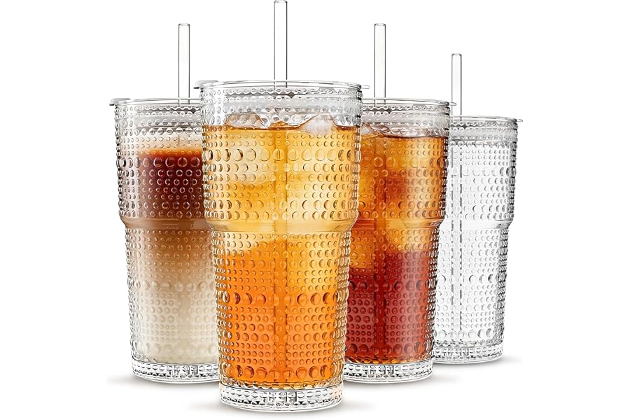 INSETLAN 20oz Hobnail Glass Cups with Lids and Glass Straws – 4 Pieces, Thick-Walled Glass Tumblers for Iced Coffee, Smoothies, Milk, Water, Juice, and More – Elegant and Durable Drinking Glasses